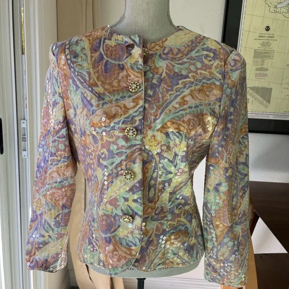 A.J. Bari Vintage Silk Blazer Colorful Sequin Rhinestones - Picture 3 of 10